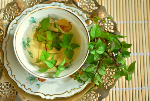 τσάι μέντας σε φλιτζάνι και φύλλα στο πλάι
