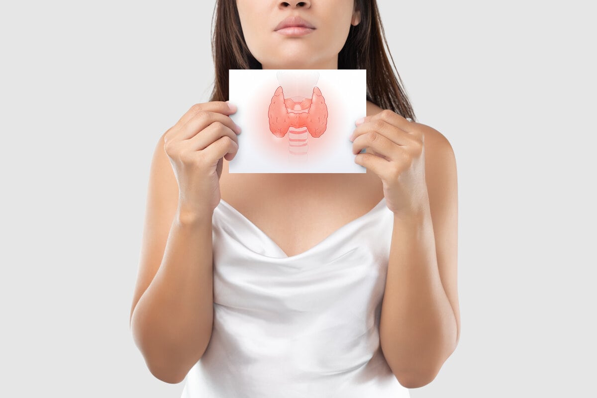 Woman with an Illustration of the thyroid in the white paper is on her neck.