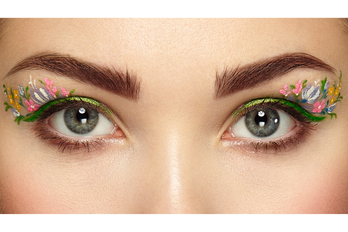 woman with green eyes and colored flowers in eye corners