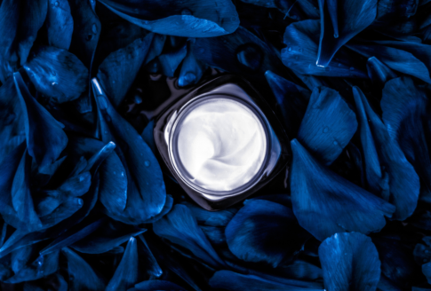 άσπρη κρέμα νύχτας σε βαζάκι ανάμεσα σε μπλε πέταλα