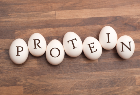 αυγά στη σειρά πάνω σε ξύλο πάνω στα οποία γράφει protein